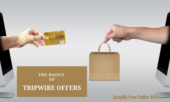 Image of 2 laptops, hands holding a credit card and bag with text that reads the basics of tripwire offers